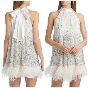Alice + Olivia ERNA White Silver Feather Sequin Mini Dress Neck Tie - Size 2